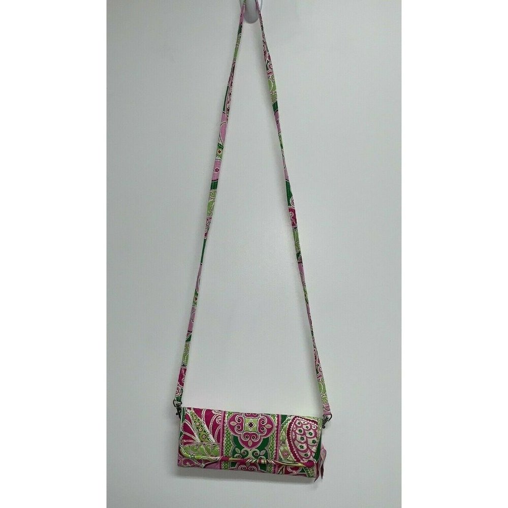 Vera Bradley Pinwheel Pink Sleek Wallet Crossbody Clutch Purse Strap Green